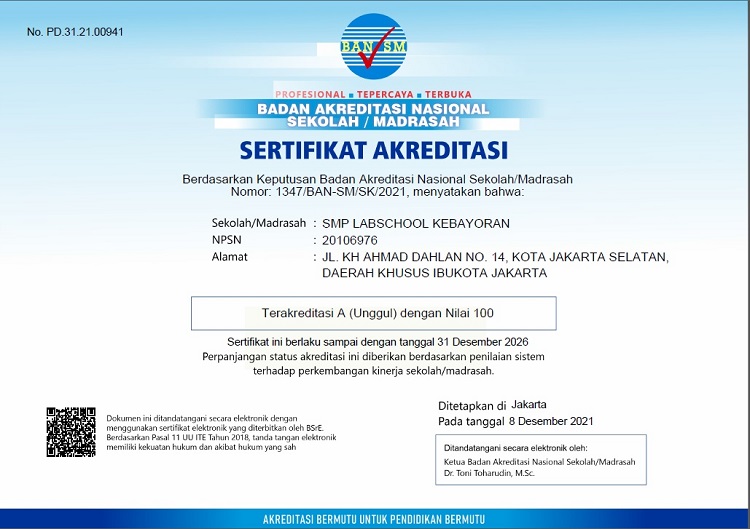 Sertifikat Akreditasi SMP Labschool Kebayoran